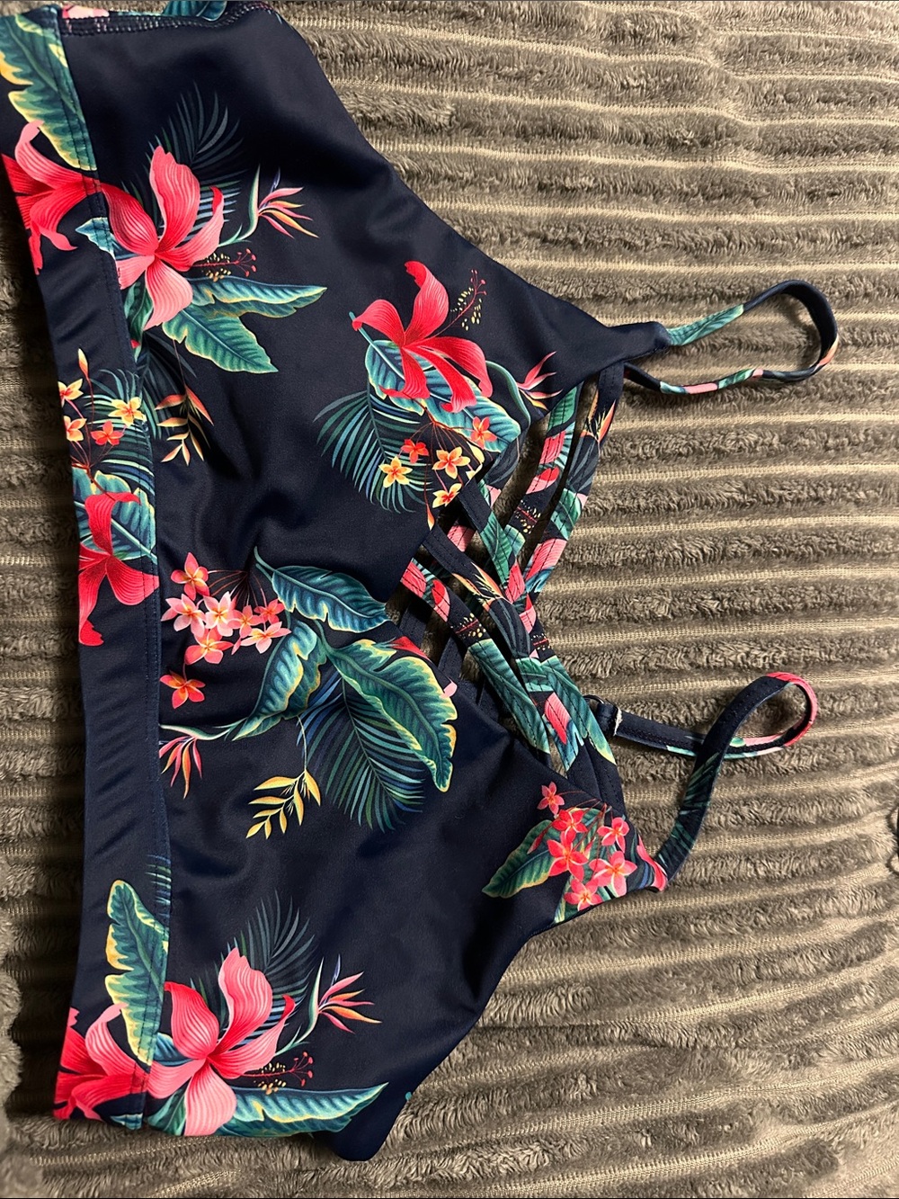 Women’s Navy Tropical Floral Sports Bra with Pink & Green Accents